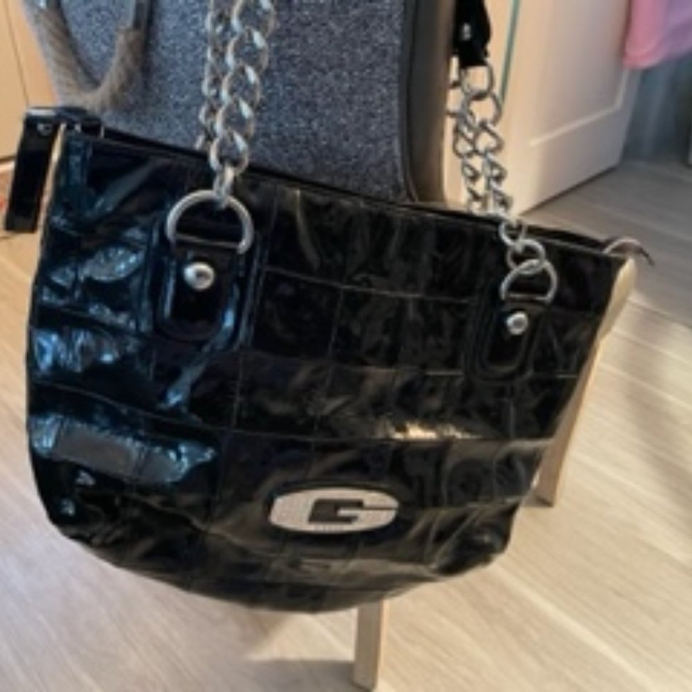 Guess Black Patent oversized shoulder bag